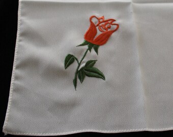Silk Handkerchief ROSE Women's hankie with embroidered rose, semi sheer silky polyester blend unused new vintage accessory