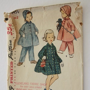 1950s Vintage Sewing patterns  Child's Coat Hat Leggings UNCUT Patterns Size 2 Girls swing coat leggings suspenders bonnet Simplicity 4454