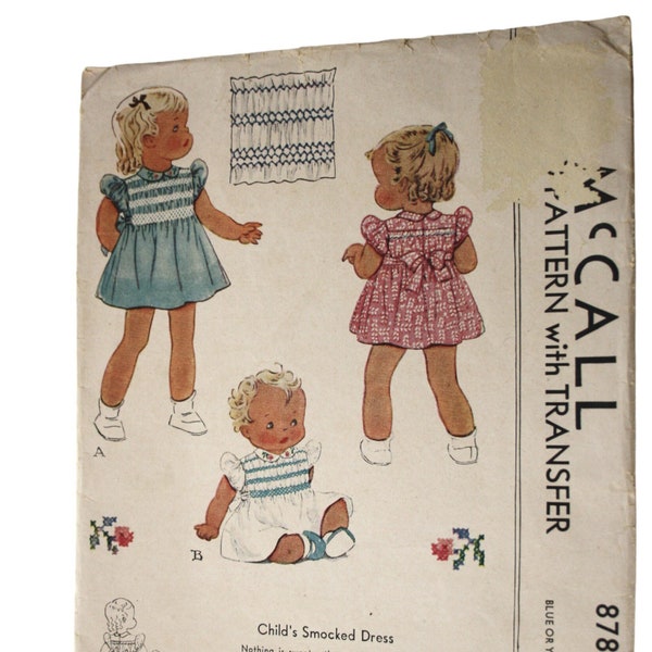 1940s Girls Smocked Dress Pattern Size 2 McCall 878 Pattern, Antique childs clothing patterns /frock