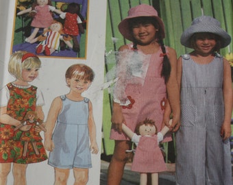 Jumpsuit Romper Jumper and sun hat Patterns Girl size 5 6 6x and Doll Matching, UNCUT Simplicity 9650  sewing pattern