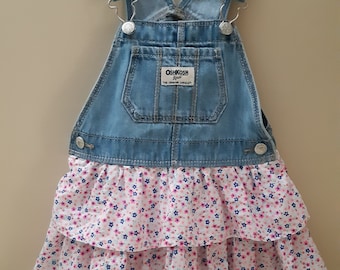 Vintage OshKosh Denim Jumper Dress - Floral Ruffle Skirt (12-18 Months)