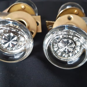 RESTORED! ANTIQUE Glass Door Handle Brass and Crystal Knob with MERCURY star center, metal spindle, latch, brass rosettes, strike plate