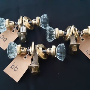 RESTORED! ANTIQUE Door Handle Knobs Glass - Brass 12 sided crystal handles spindle latch brass escutcheon rosette plates