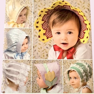 May include: Simplicity sewing pattern 2908 for baby bonnets. The pattern includes various bonnet styles, such as a yellow bonnet with red gingham trim and a bonnet with a tulip appliqué. The pattern size is A XS, S, M, L.