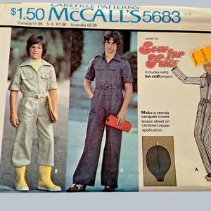 May include: A vintage McCall's 5683 sewing pattern envelope featuring illustrations of jumpsuits and a tennis racquet cover. The cover displays text including Carefree Patterns, Sew for Fun, and instructions for a centered zipper application.