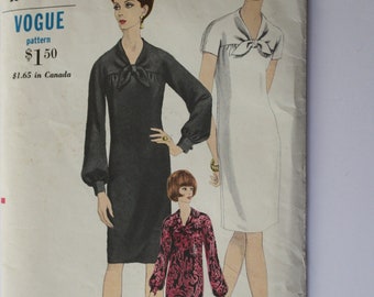 Vintage 1960s Dress Pattern ONE Piece Dress Size 10 kimono sleeves /draped yoke /tie /sleeve options, UNCUT 6848 Vogue printed 1966