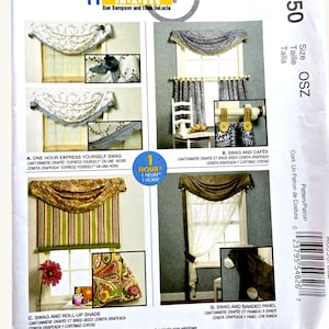 May include: McCall's Home Dec sewing pattern M6050. The package features images of various window treatments, including swags, cafes, and a roll-up shade. The text includes "Express Yourself" and "One Hour Express Yourself Swag."
