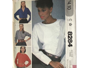 EASY Blouse Patterns with dropped shoulders, long sleeves with collar and closing options, Misses size 14 16, UNCUT McCalls 8284