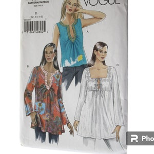 Women's Top and Tunic Patterns with deep neckline /square neckline option Size 12 14 16 UNCUT Vogue V8249 8249 Sewing Patterns