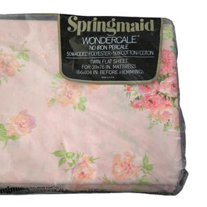 Bed Sheet Pink Roses TWIN Flat Sheet Springmaid Vintage floral bedding WONDERCALE Percale Cotton - Kodel Polyester UNUSED New in Package