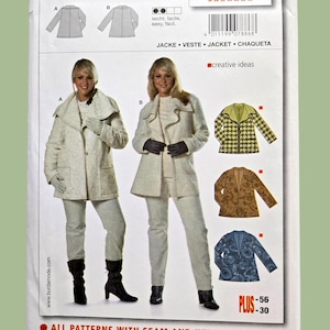 Op de afbeelding: Een Burda naaipatroonpakket, met een vrouw in een jas en een jasje. Het pakket bevat illustraties van verschillende jasontwerpen, maatdetails en het nummer 7886. Tekst bevat "JACKE VESTE JACKET CHAQUETA".