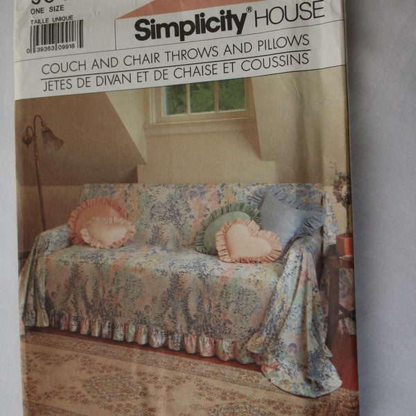 Pattern Cover Throw for Couch Sofa Love Seat and Chair plus pillow, UNCUT Simplicity 9541 /0631 sewing pattern