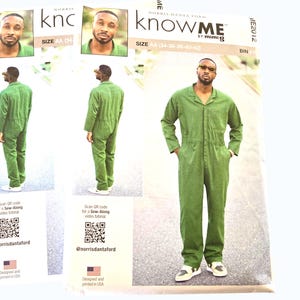 May include: A sewing pattern package showing a green jumpsuit design. The package includes multiple views of the jumpsuit, along with the text "KNOW ME" and "KNC". The size range is displayed. QR codes and social media details are also present on the package.