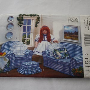 Doll FURNITURE Patterns for 18" Dolls, Sofa Chair Ottoman Table Pillow, Linda Carr, UNCUT Vogue 9504, for American Girl /Journey type dolls