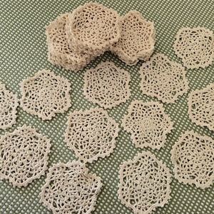 Set of 12 Crocheted Coasters Mini Doilies for stemware barware coasters, crafts, crazy quilts and more, ecru crocheted lace