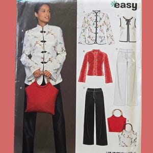 May include: A New Look sewing pattern showing a woman in a white floral embroidered jacket, black trousers, and a red handbag. The pattern includes designs for jackets, a vest, and trousers. The word "easy" is visible.