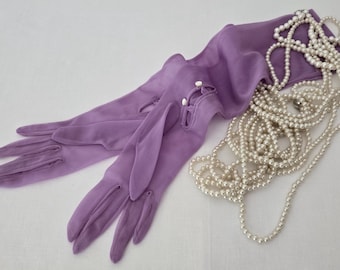 Opera Gloves SHEER PURPLE Lavender Vintage Formal Nylon GLOVES Long with 2 Button closure by Louis Fischl quality gloves Womens size 6 1/2