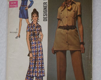 1970s Vintage Pant Suit Dress Tunic Pattern Womens Size 14 Designer Fashions Boho Hippie Retro UNCUT 8728  Simplicity