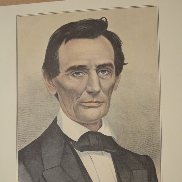 LARGER size Print of Abraham Lincoln Portrait by Currier and Ives Reprint of Lithograph /Vintage Book Plate Page 1950s