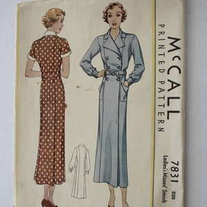 UNCUT 1930s Women's Dress Sewing  pattern size 16 Double Breasted Coat Dress / Self Fabric Belt /long or short sleeve smock McCalls 7831