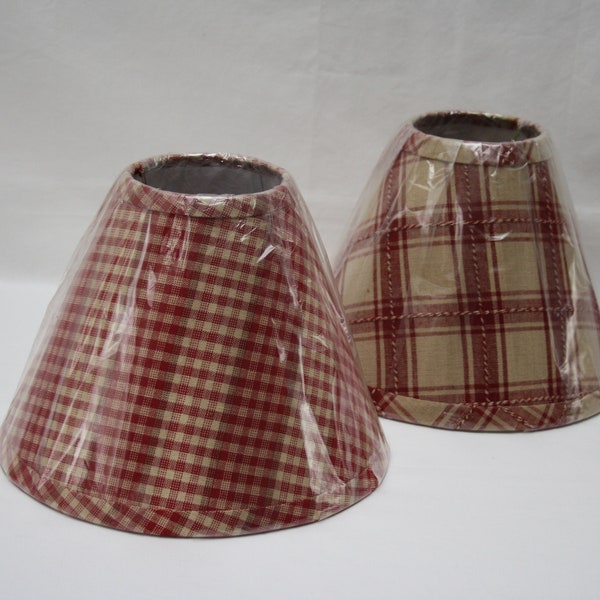 LAMPSHADES New VINTAGE Country Primitive Lamp Shades Burgundy and Beige FABRIC with clip on bulb style medium size