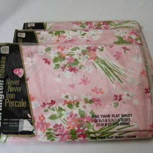 Vintage 1970s FLOWER POWER Pink Unused Twin Bed Flat Sheet bedding Percale cotton polyester by Burlington House, Made in USA new