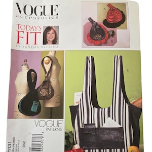 May include: Vogue Accessories pattern featuring Today's Fit by Sandra Betzina. The pattern includes designs for various bags and accessories. The image shows a tote bag with black and white stripes, and other bag designs.