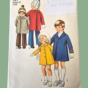 May include: Vintage Simplicity sewing pattern 9903 for children's coats. The pattern envelope features illustrations of children in various coat styles, including a red coat, a yellow coat, and a blue coat. The envelope is marked with the size 3 and breast 22.