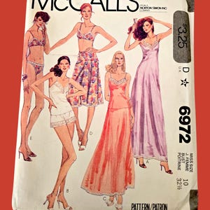 May include: Vintage McCall's sewing pattern envelope featuring illustrations of lingerie and sleepwear designs. The envelope has the McCall's logo and the text "PATTERN/PATRON". The price is $3.25. The pattern number is 6972. The bust size is 32 1/2 inches.