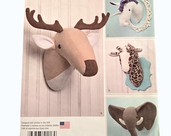 PLUSH Stuffed ANIMAL Heads Sewing Pattern, Simplicity 1218 Uncut, Unicorn, Elephant, Giraffe, Deer