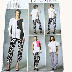 May include: Vogue Five Easy Pieces sewing pattern. The pattern includes various outfits, such as tops and trousers. The outfits feature a white top with black and white patterned trousers, a white top with grey trousers, and a white top with a pink accent.