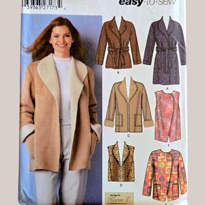 May include: A Simplicity 5306 easy-to-sew pattern envelope featuring illustrations of various jacket and vest styles. The cover displays a tan jacket with a cream-coloured collar, alongside sketches of coats, vests, and jackets in different patterns.