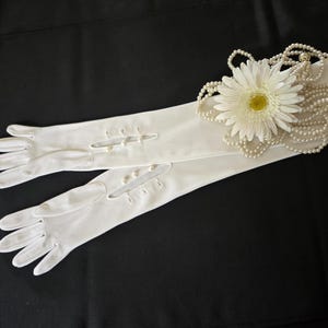 Vintage OPERA GLOVES Size 6 - 6.5 IVORY White Nylon Evening Gloves Formal with 3 Pearl Buttons long quality gloves