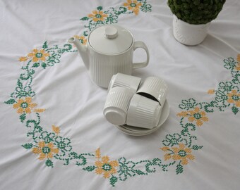Vintage White Hand Embroidered Tablecloth, Large size Rectangular shape, yellow green floral design