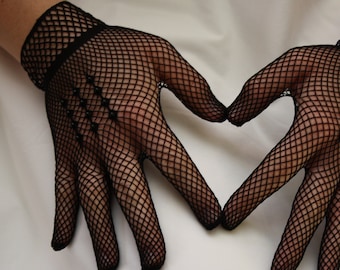 Black Lace Gloves BEADED net lace Full Fingered Gloves for Women&#39;s /Teen /Older Girls net lace /fish net /crocheted mesh