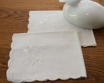 2 LINEN Doilies OR Napkins White on White with scalloped edging and embroidered motif 19"  x  14"