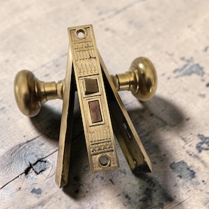 Antique Brass Door Handle Spindle Mortise Brass Escutcheon Door Plates, 1920s Interior Door Passage Set, Rustic Art Deco