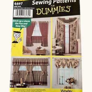 May include: A Simplicity sewing pattern for window treatments, showcasing different curtain and valance designs. The cover includes the text "Sewing Patterns for Dummies" and "Stitch up a storm the Fun and Easy Way". The pattern is labeled "4497" and "ONE SIZE".