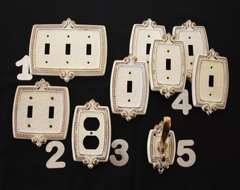 Metal Switchplates WITH SCREWS Switch Plates Receptacles Hook Vintage off white gold Single Double Triple Toggle Switch plates
