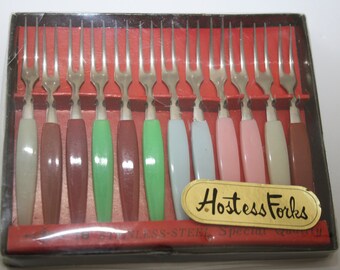 MINI FORKS Vintage Hostess Forks Set of 12 Stainless Steel forks for Cocktails /Hors D'Oeuvres /Appetizers colorful handles Made in Japan