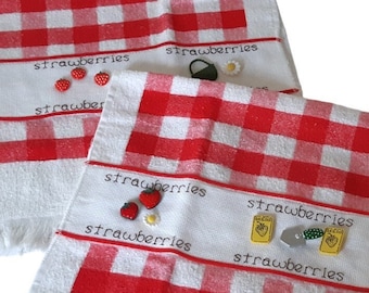 Vintage Strawberry Tea Towels, unused, (Set of 2) - Red Checkered Farmhouse Kitchen Decor