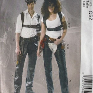 May include: A sewing pattern for a steampunk-inspired costume. The pattern includes instructions for making a pair of trousers, a waistcoat, and a hat. The pattern is for size OSZ. The pattern is from McCall's Fashion Accessories.