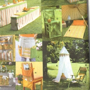 May include: A package featuring various garden accessory patterns. The image shows illustrations of outdoor furniture, including tables, chairs, and a canopy, with text in multiple languages. The package includes seam and hem allowances.