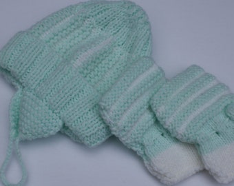 Hand Knitted Baby Bonnet /Hat and Booties, Vintage UNUSED Handmade baby accessories in soft green white for newborn /0 - 3 months