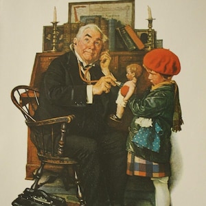 LARGER Size Print Norman Rockwell Picture of Doctor and DOLL, Book Page Reprint of Lithograph 1943 /Vintage 1970s