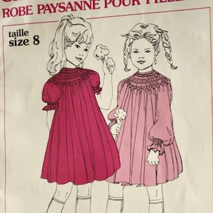 May include: A vintage sewing pattern for a girl's peasant dress, size 8, with illustrations of two girls wearing the dress. The pattern is from Grace L. Knott Smocking Supplies Ltd. and is for English smocking.