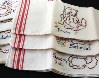 Set 7 VINTAGE Tea Towels Hand Embroidered Days of the Week Red White, UNUSED, 1960s 1970s kitchen