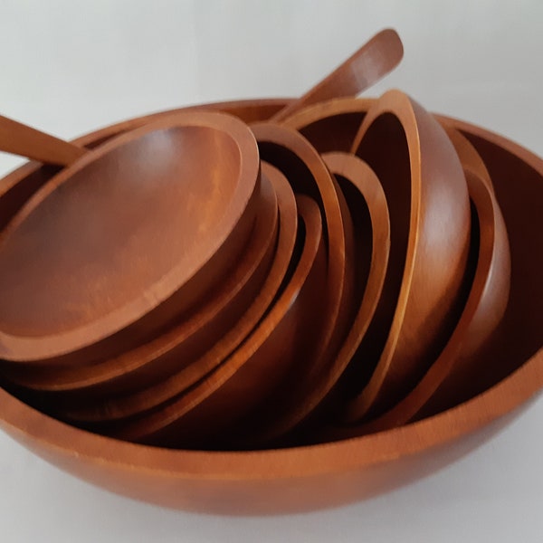 Extra Large Wood Salad Set - 9 Bowls and Large Salad Bowl with Fork Spoon BariboCraft Made in Canada MCM /VINTAGE kitchen /serving supply