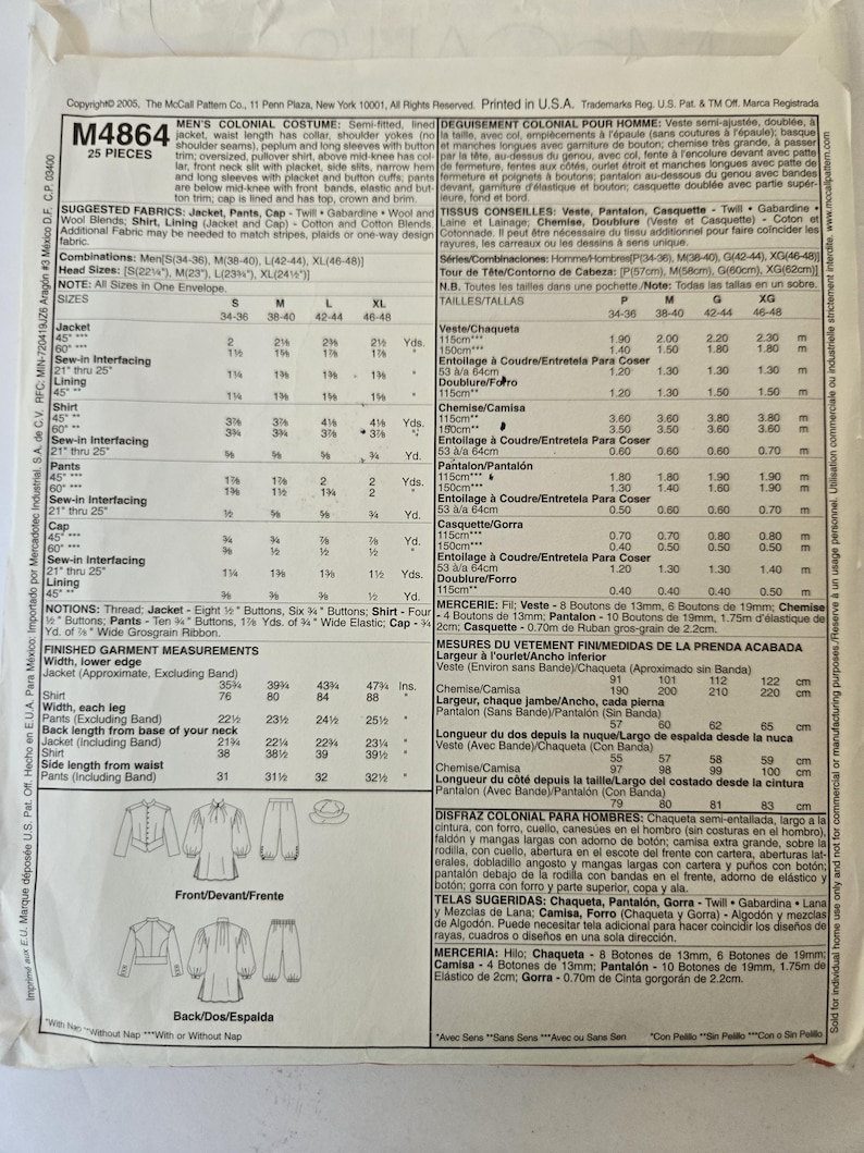 Mens COLONIAL COSTUME Pattern Jacket Shirt Pants Cap Mens Size S M L Xl