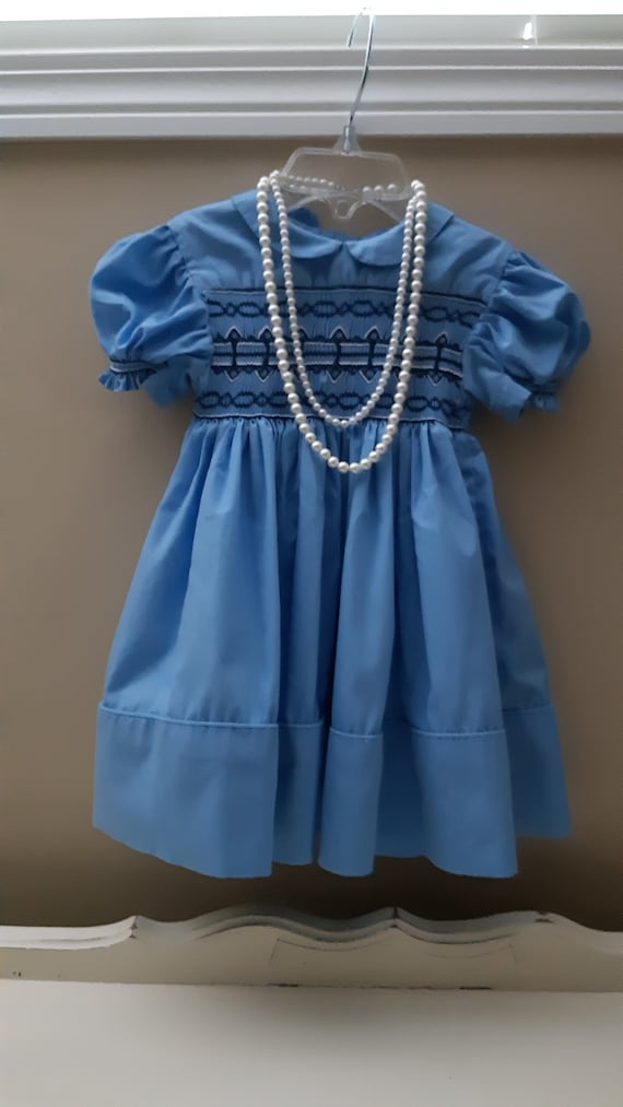 Vintage Smocked dress for baby girl blue dress siz